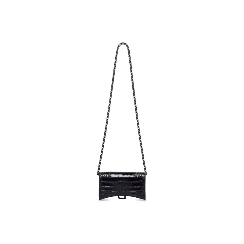 Balenciaga Hourglass Crocodile Pattern Embossed Cow Leather One Shoulder Crossbody Chain Wallet Women's Black-3