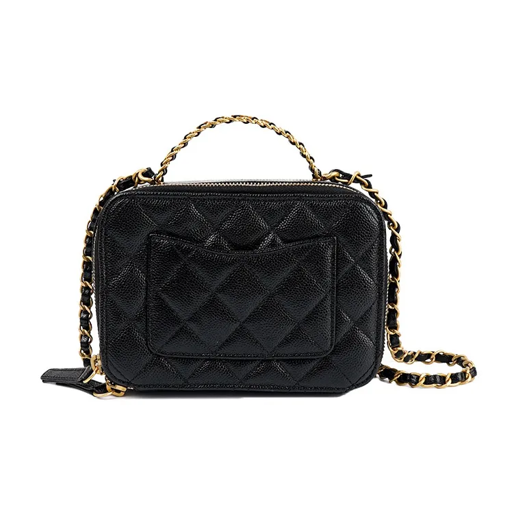 CHANEL Grain Embossed Cow Leather Box Bag, Makeup Bag, One Shoulder Handbag Trumpets Women's Black-3