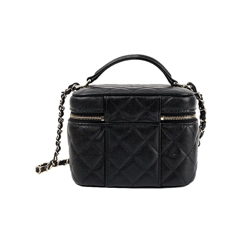 CHANEL 22SS Grain Embossed Cow Leather Box Bag, Makeup Bag, Shoulder Bag, Crossbody Bag, Handbag Trumpets Women's Black-3