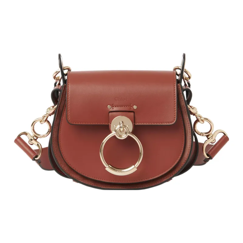 Chloe Tess Smooth Calfskin With Suede Saddle Bag, Shoulder Bag, Crossbody Bag Trumpets Women's Dark Umber-0