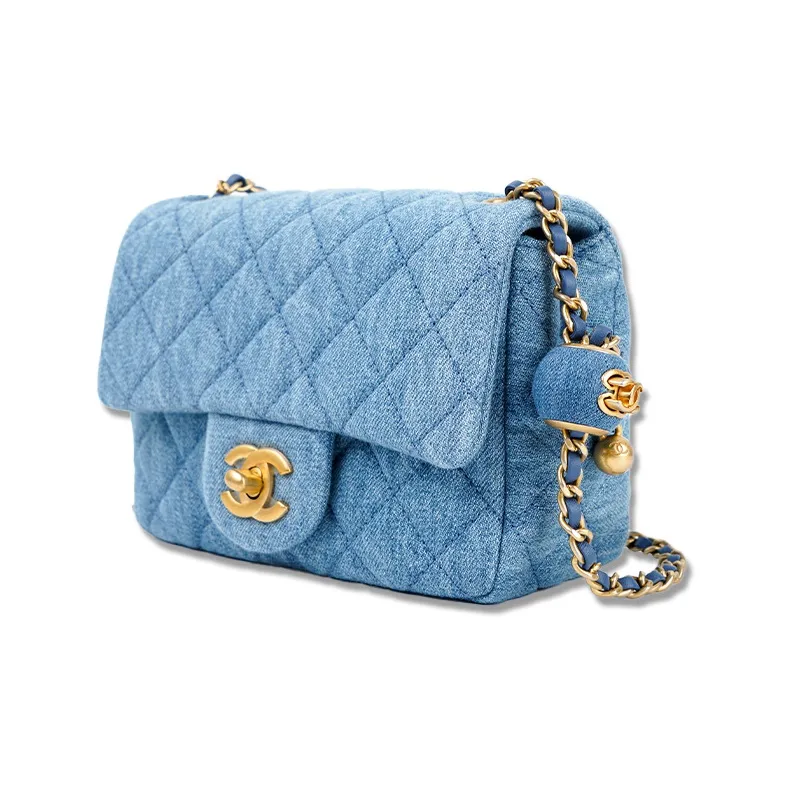 CHANEL 22C Early Spring Small Gold Ball Denim Shoulder Bag, Crossbody Bag Women's Denim Blue-1