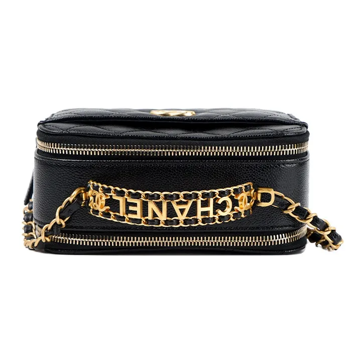 CHANEL Grain Embossed Cow Leather Box Bag, Makeup Bag, One Shoulder Handbag Trumpets Women's Black-5