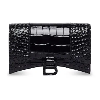 Balenciaga Hourglass Crocodile Pattern Embossed Cow Leather One Shoulder Crossbody Chain Wallet Women's Black