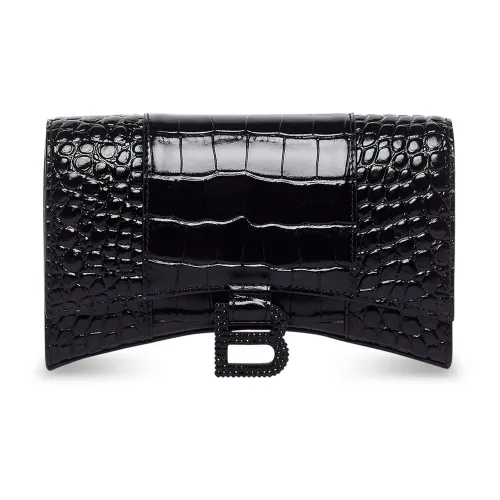 Balenciaga Hourglass Crocodile Pattern Embossed Cow Leather One Shoulder Crossbody Chain Wallet Women's Black