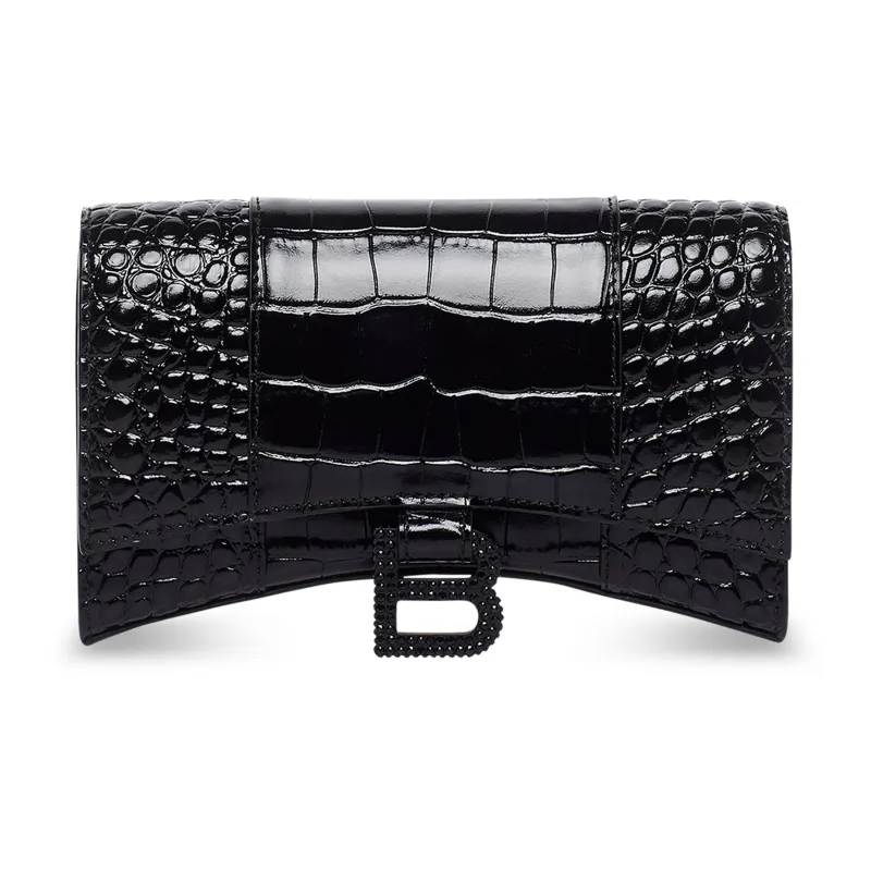 Balenciaga Hourglass Crocodile Pattern Embossed Cow Leather One Shoulder Crossbody Chain Wallet Women's Black-0