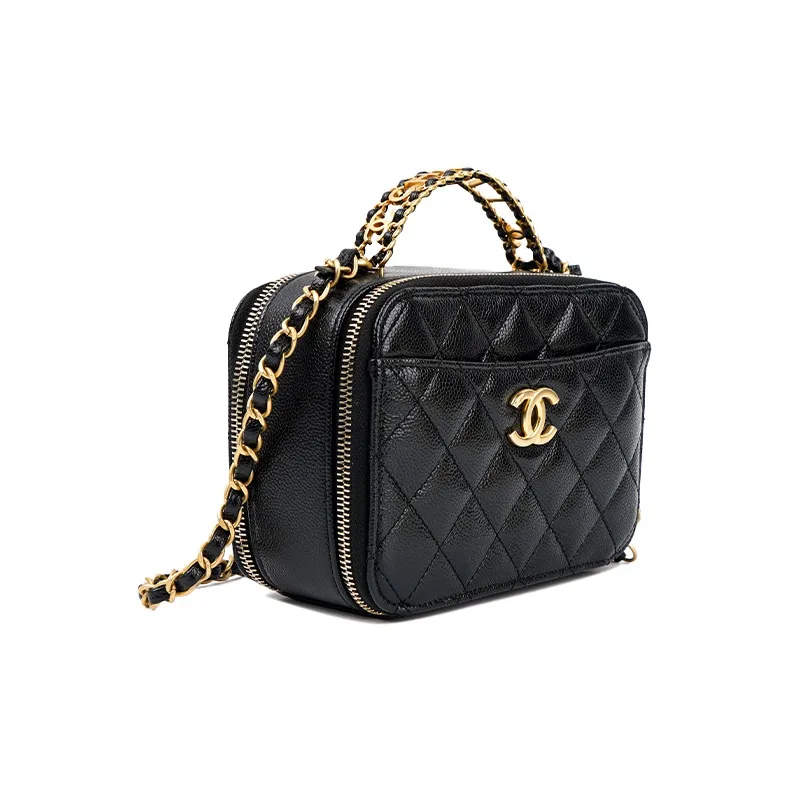 CHANEL Grain Embossed Cow Leather Box Bag, Makeup Bag, One Shoulder Handbag Trumpets Women's Black-1