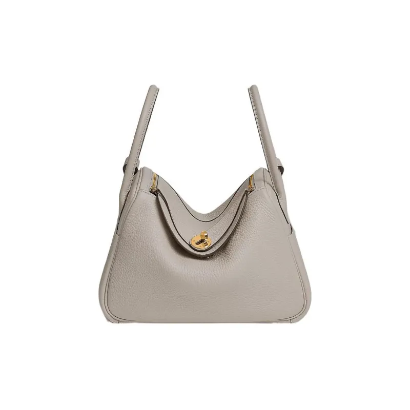 HERMES Lindy Taurillon Clemence Cow Leather Shoulder Bag, Handbag Women's 8L Beton Glacier White-0