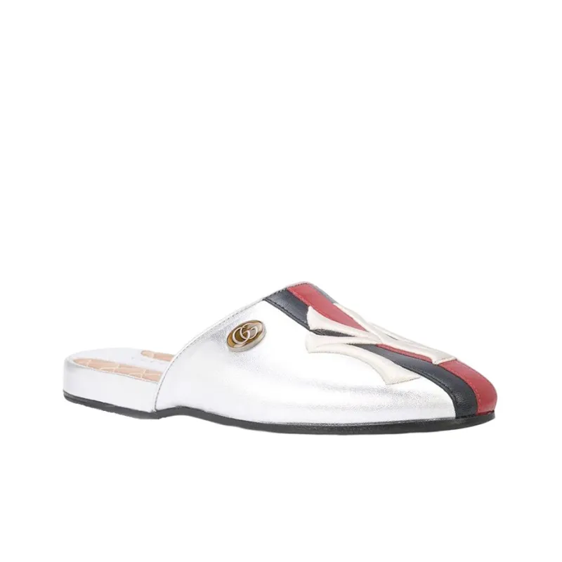 GUCCI Ny Yankee Slippers Silver Leather Women's-2
