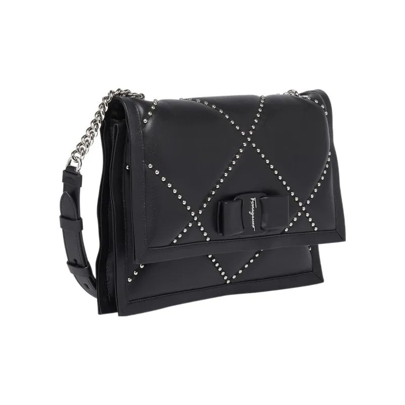 FERRAGAMO Viva Fabric With Sheepskin Patchwork Hobo Bag Portable Crossbody Bag Shoulder Bag Women's Black-1