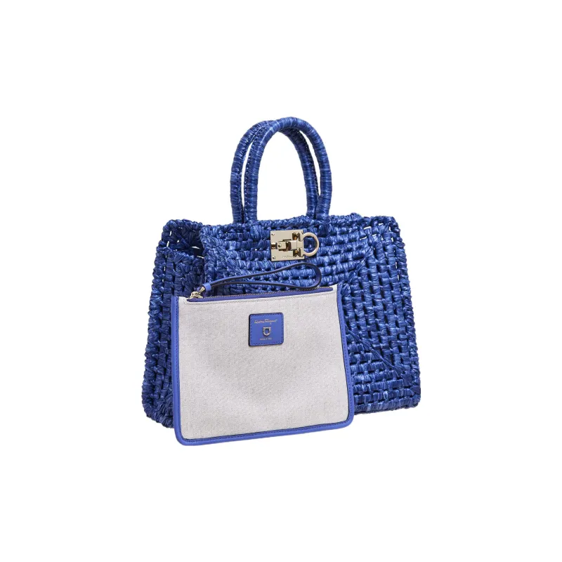 FERRAGAMO Studio Fabric Straw Bag Handbag Women's Blue-5