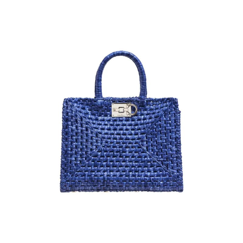 FERRAGAMO Studio Fabric Straw Bag Handbag Women's Blue-0