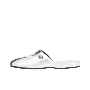 GUCCI Ny Yankee Slippers Silver Leather Women's