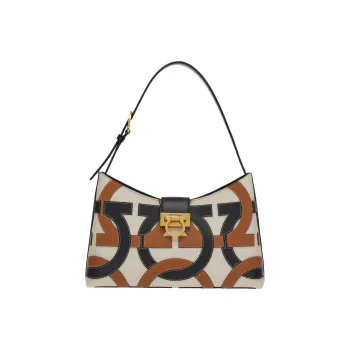 FERRAGAMO Trifolio Calfskin Swing Bag Shoulder Bag Handbag Women's White/Black/Brown