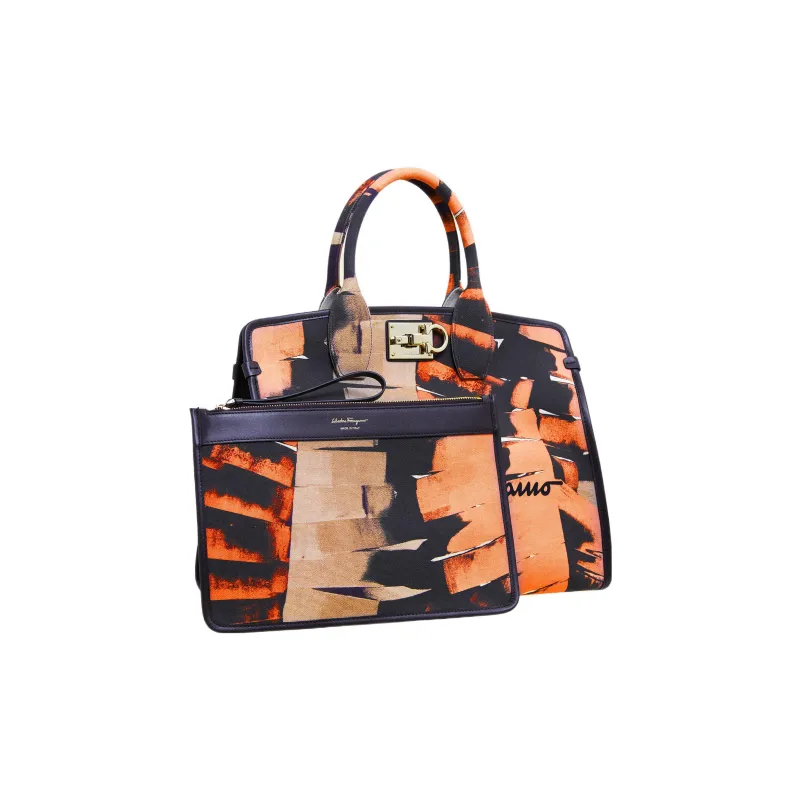 FERRAGAMO Studio Fabric Cow Leather Patchwork Combo Bag Handbag Large Size Women's Multicolor-1