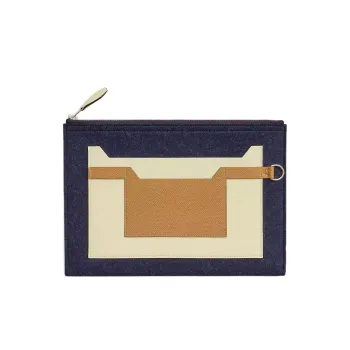 HERMES Toodoo Wool Felt With Epsom Calfskin Clutch Men's Midnight Blue/Cookie Color/Cream White