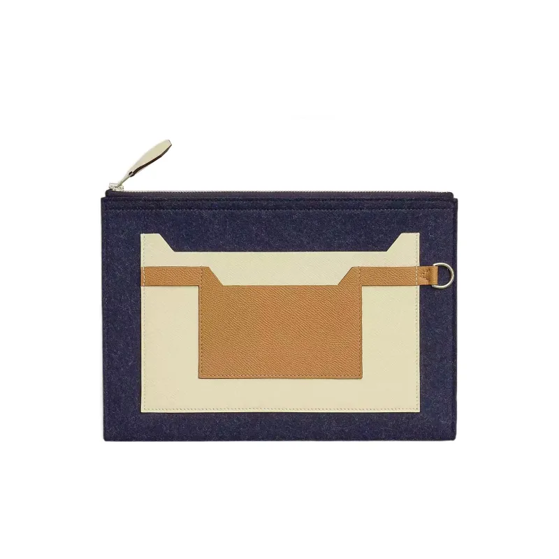 HERMES Toodoo Wool Felt With Epsom Calfskin Clutch Men's Midnight Blue/Cookie Color/Cream White-0