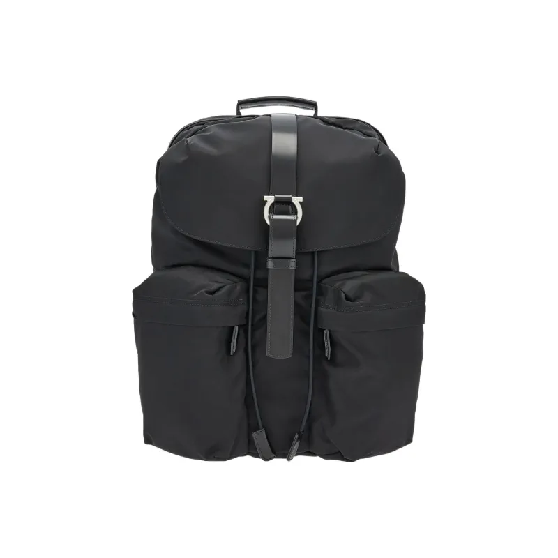 FERRAGAMO Nylon Textile With Cow Leather Inlay Backpack Men's Black-0