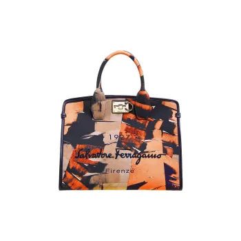 FERRAGAMO Studio Fabric Cow Leather Patchwork Combo Bag Handbag Large Size Women's Multicolor