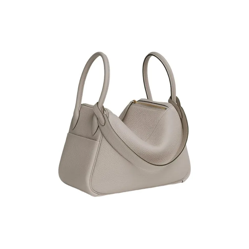 HERMES Lindy Taurillon Clemence Cow Leather Shoulder Bag, Handbag Women's 8L Beton Glacier White-2