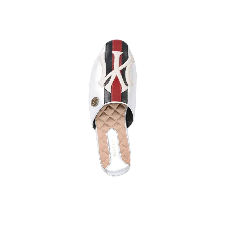 GUCCI Ny Yankee Slippers Silver Leather Women's-3