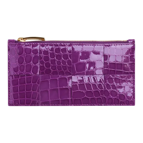 Bottega Veneta Crocodile Pattern Embossed Shiny Cow Leather Card Holder Women's Purple