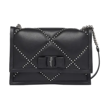 FERRAGAMO Viva Fabric With Sheepskin Patchwork Hobo Bag Portable Crossbody Bag Shoulder Bag Women's Black