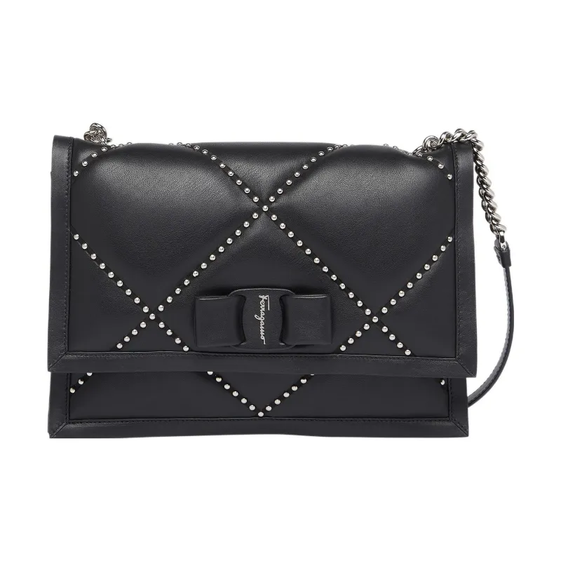 FERRAGAMO Viva Fabric With Sheepskin Patchwork Hobo Bag Portable Crossbody Bag Shoulder Bag Women's Black-0
