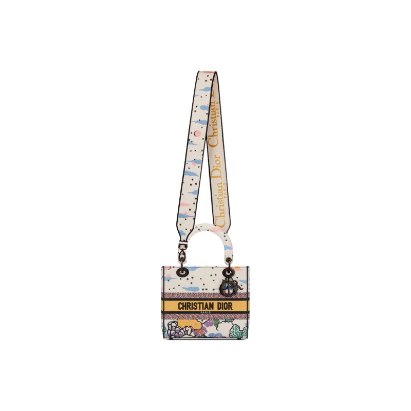 DIOR Lady D-Lite Embroidery Tote Bag Shopping Bag Shoulder Bag Crossbody Bag Handbag Medium Size Women's Multicolor-4