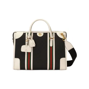 GUCCI Canvas With Leather Trim Canvas Bag Shoulder Bag Crossbody Bag Handbag Large Size Women's Black/White