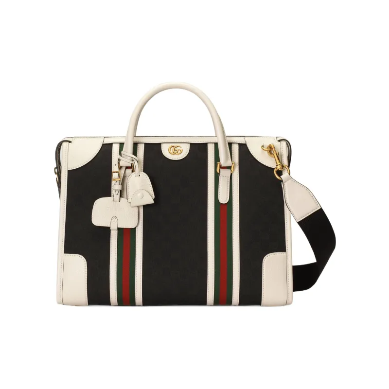 GUCCI Canvas With Leather Trim Canvas Bag Shoulder Bag Crossbody Bag Handbag Large Size Women's Black/White-0