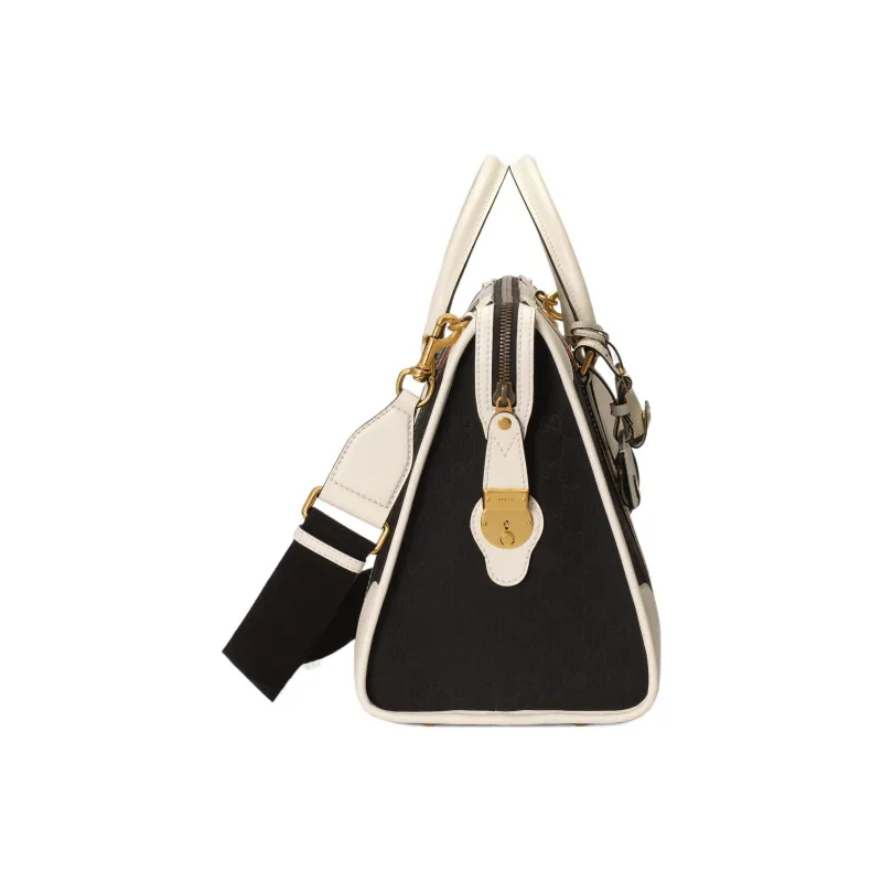GUCCI Canvas With Leather Trim Canvas Bag Shoulder Bag Crossbody Bag Handbag Large Size Women's Black/White-3