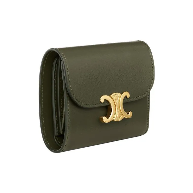 CELINE Triomphe Calfskin Wallet Small Size Women's Khaki Green-1
