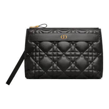 DIOR Caro Lambskin Wrist Bags Clutches Large Size Women's Black