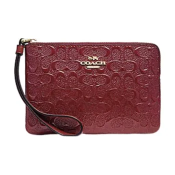 COACH Corner Zip Signature Patent Leather Wrist Bags Clutches Small Size Women's Russet