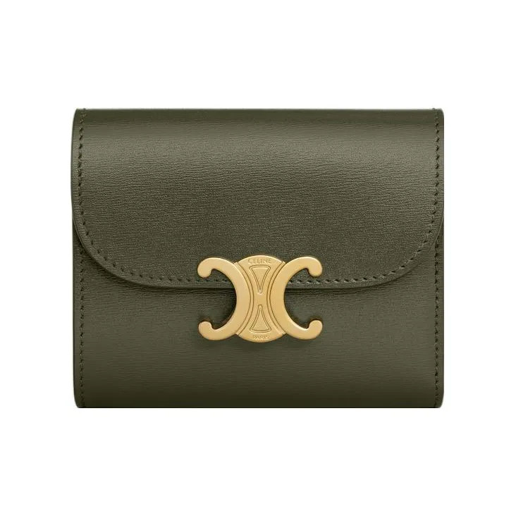 CELINE Triomphe Calfskin Wallet Small Size Women's Khaki Green-0