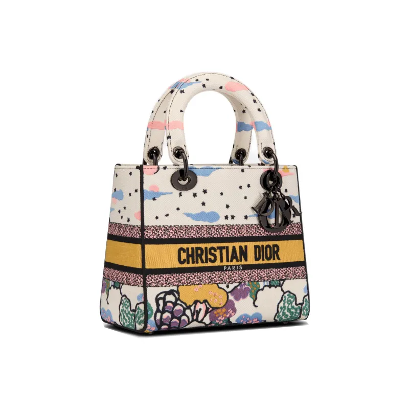 DIOR Lady D-Lite Embroidery Tote Bag Shopping Bag Shoulder Bag Crossbody Bag Handbag Medium Size Women's Multicolor-1
