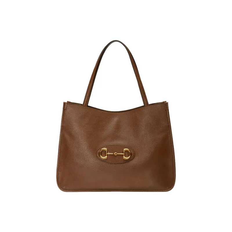 GUCCI Horsebit 1955 Shiny Leather Tote Bag Shopping Bag Handbag Women's Brown-0