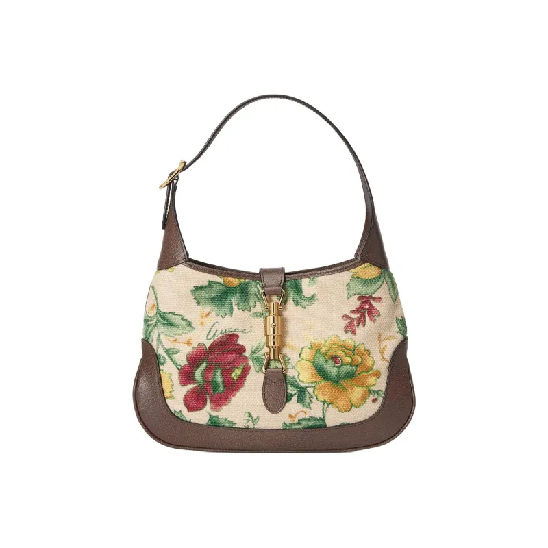 GUCCI Jackie 1961 Canvas With Leather Trim Crescent Shoulder Bag Shoulder Bag Small Size Women's Floral Multicolor-0
