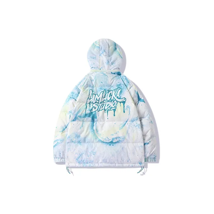 LAMLICKA Hand Drawn Letter Hooded Loose Fit Thickened Down Jacket Unisex Multicolor-1