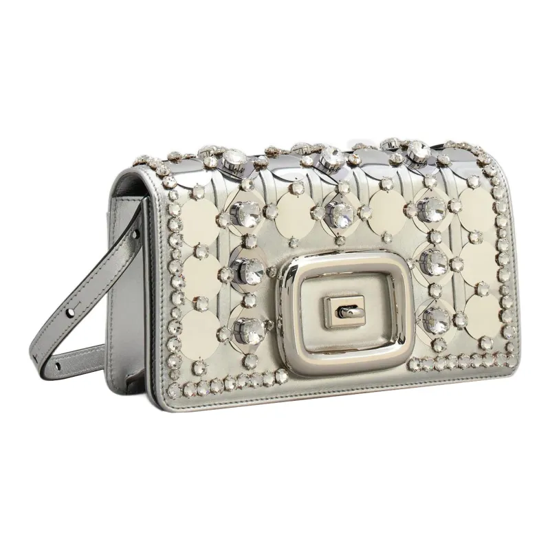 Roger Vivier Metal Leather One Shoulder Crossbody Clutches Mini Women's Silver-2