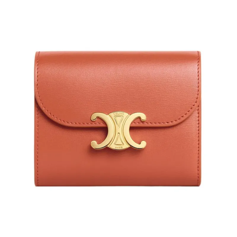 CELINE Triomphe Shiny Smooth Calfskin Card Holder Wallet Small Size Women's Orange-0