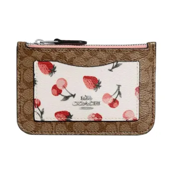 COACH Zip Top Card Case Canvas With Leather Card Holder Coin Purse Women's Khaki & White