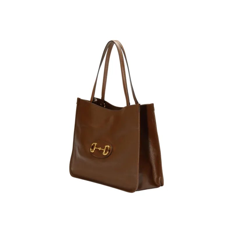 GUCCI Horsebit 1955 Shiny Leather Tote Bag Shopping Bag Handbag Women's Brown-1