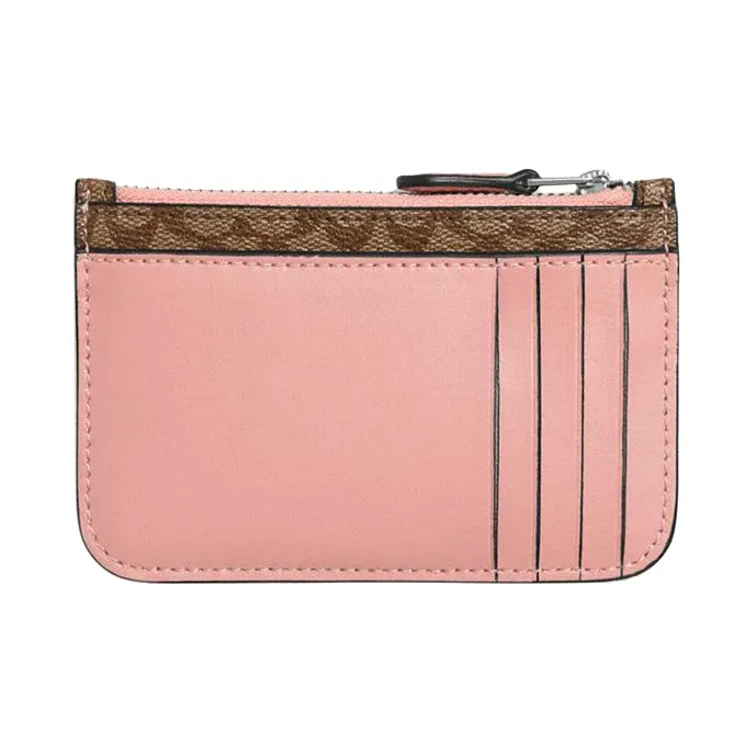 COACH Zip Top Card Case Canvas With Leather Card Holder, Coin Purse Mini Women's Khaki & White-4