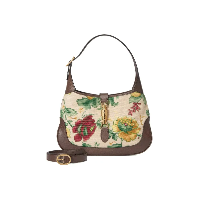 GUCCI Jackie 1961 Canvas With Leather Trim Crescent Shoulder Bag Shoulder Bag Small Size Women's Floral Multicolor-2