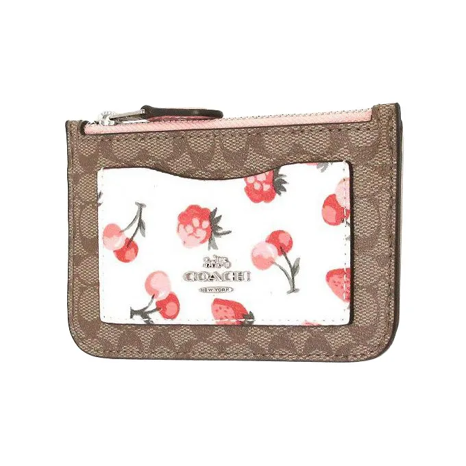 COACH Zip Top Card Case Canvas With Leather Card Holder, Coin Purse Mini Women's Khaki & White-3