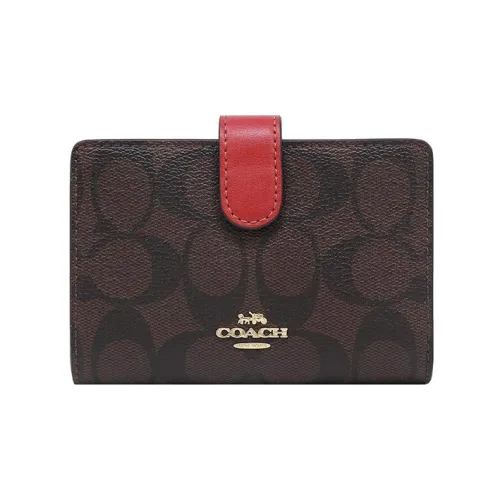 COACH Corner Zip Canvas With Leather Coin Purse Card Holder Wallet Women's Brown