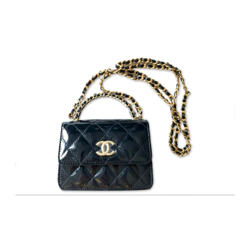 CHANEL 22K Autumn And Winter Patent Leather Handle Bag Kelly Bag Shoulder Crossbody Handbag Small Size Women's Black-1