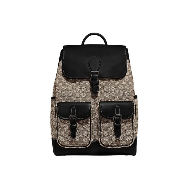 COACH Frankie Fabric Cow Leather Patchwork Drawstring Bag Backpack Large Size Men's Gray & Black-0