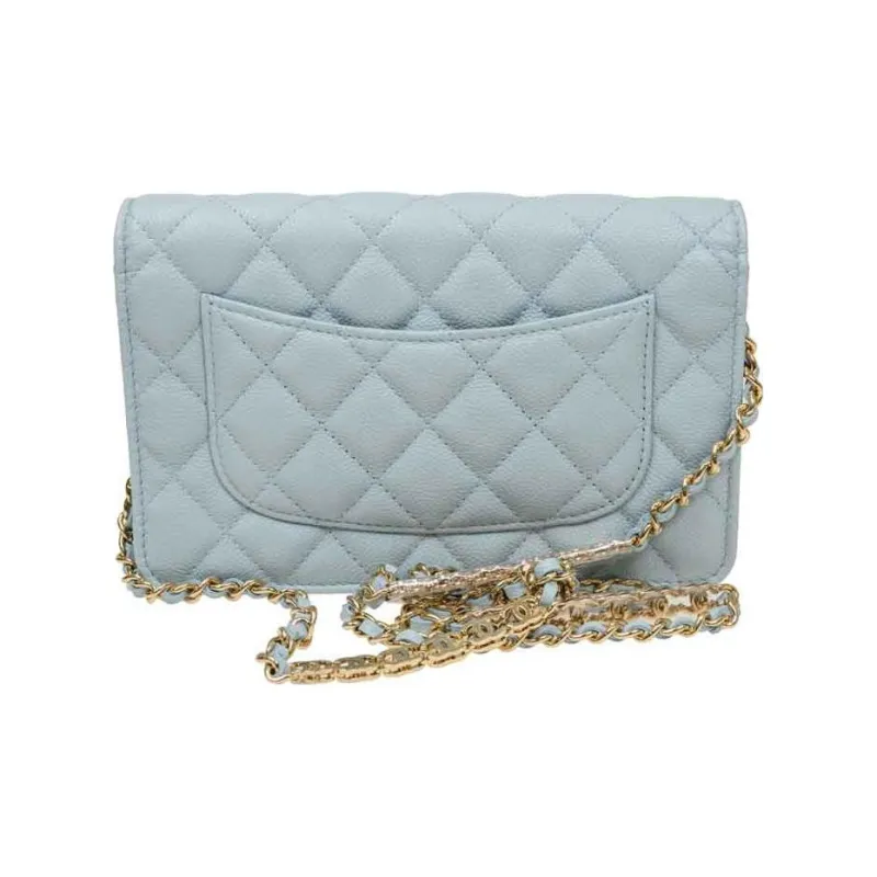 CHANEL WOC Grain Embossed Cow Leather Wallet On Chain, Shoulder Bag, Crossbody Bag Women's Light Blue-2